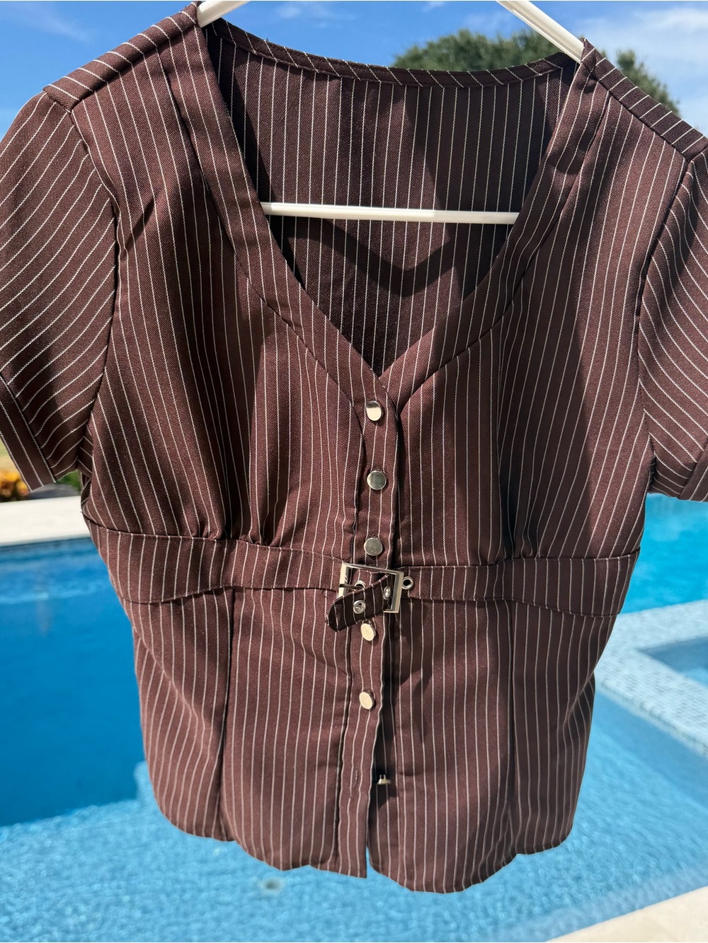 SHEIN Brown Pinstripe V-Neck Button Front Top with Buckle